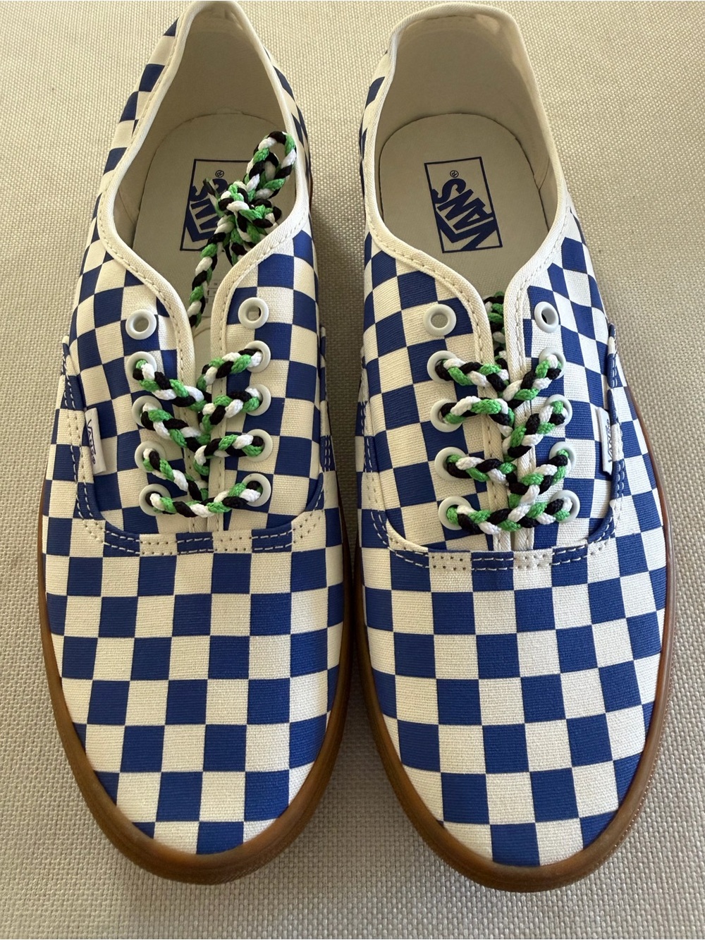 Vans Blue & White Checkerboard Low-Top Sneakers with Green Accents